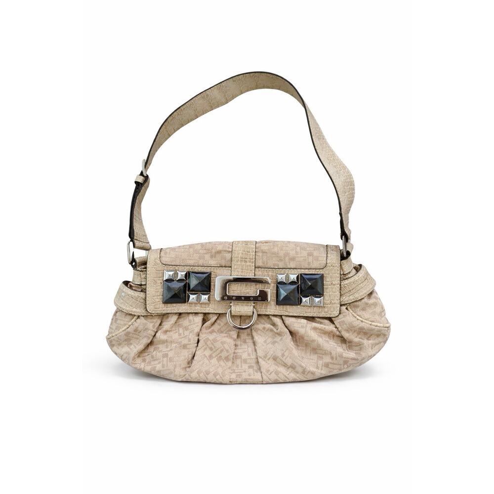 Y2K GUESS Monogram Baguette Shoulder Bag Beige Studded Logo Purse 2000s